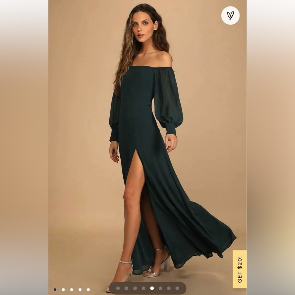 Lulu's Feel the Romance Emerald Green Off the Shoulder Maxi Dress